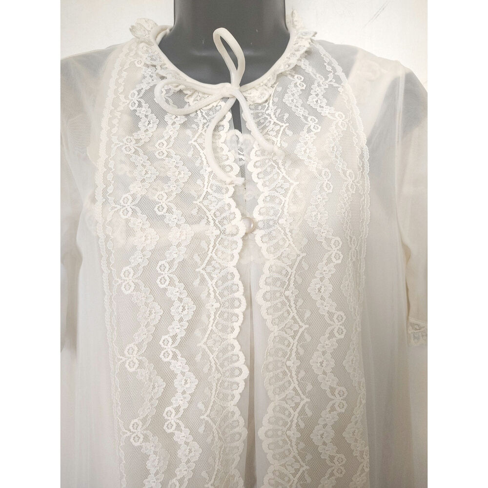 Vintage Sheer Lace Nightgown Set Sm Buttercream Bridal Cottagecore Lingerie Robe - Picture 7 of 9